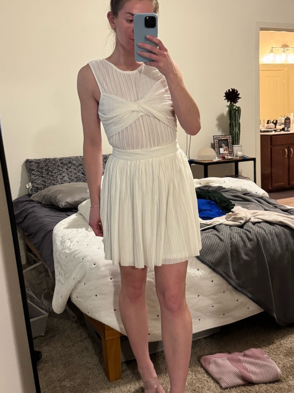 NBD White Pleated Twist-Front Mini Dress